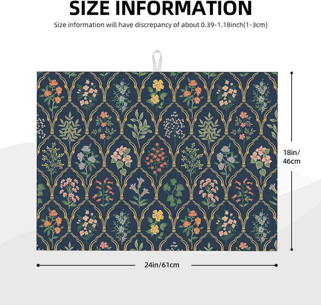 2Pcs Dish Drying Mats Faucet Mats Sets Large Size Coffee Mats Sink Faucet Mat Splash Guard for Kitchen Counter Bathroom Sink Coffee Bar Kitchen Decor (Vintage Flowers, 18"x24" 15" x 5.5"Set)