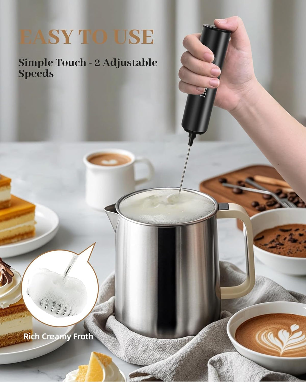 Milk Frother Rechargeable with Cover - Coffee Frother Wand, Drink Mixer Handheld with 2 Detachable Stainless Whisks 2 Speed Adjustable for Latte, Cappuccino, Hot Chocolate, Egg, Black
