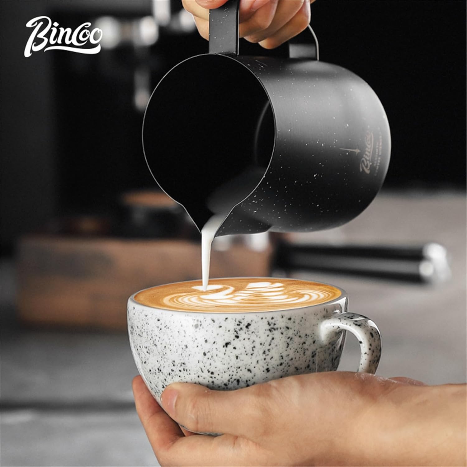 Bincoo Star Milk Frothing Pitcher 12oz,Espresso Steaming Pitcher,Espresso Machine Accessories,Milk Frother cup,Milk Coffee Cappuccino Latte Art,Stainless Steel Jug Cup.(Black 12oz)