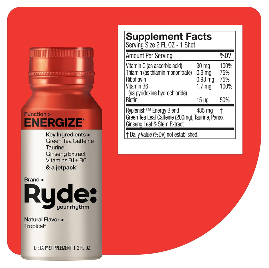 Ryde: Energize Shot | Tropical Flavor | Green Tea Caffeine, Taurine, Ginseng Extract & B Vitamins | 0 Calories, 0 Sugar | 2 FL OZ Shots | Boosts energy* (24 Pack)