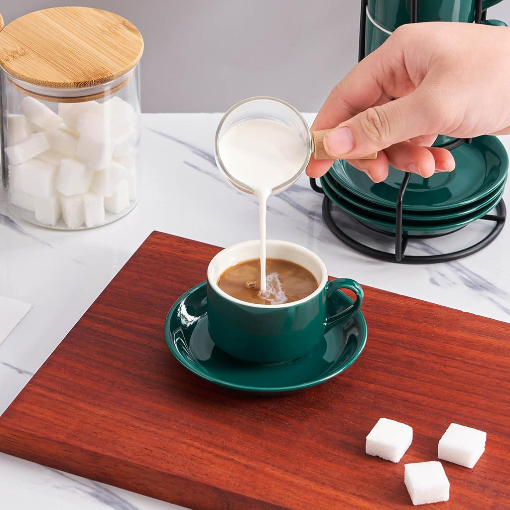 YOLIFE 2.5oz Porcelain Stackable Espresso Cups with Saucers and Metal Stand Set of 4, Stackable Cappuccino Cups, Green Expresso Shots Cup Set for Coffee Drinks, Latte, Tea