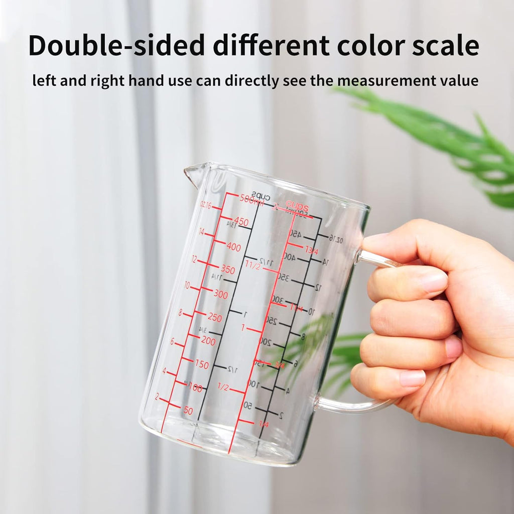 77L Glass Measuring Cup, [Double-Sided Measuring Scale, Insulated handle, V-Shaped Spout], High Borosilicate Glass Measuring Cup for Kitchen or Restaurant, Easy To Read, 500 ML (0.5 Liter, 2 Cup)