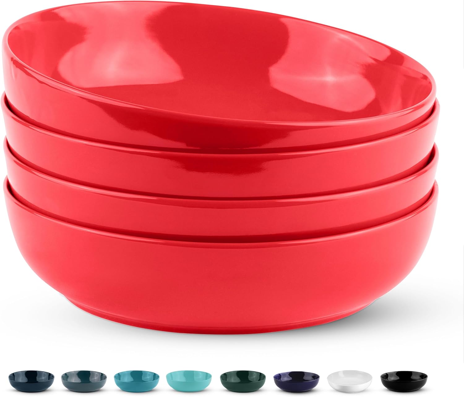 KooK Pasta Bowl, Salad Bowls, Soup, Serving Bowls, Ceramic, Large Capacity, Microwave & Dishwasher Safe, Set of 4, 40 Oz,(Red)