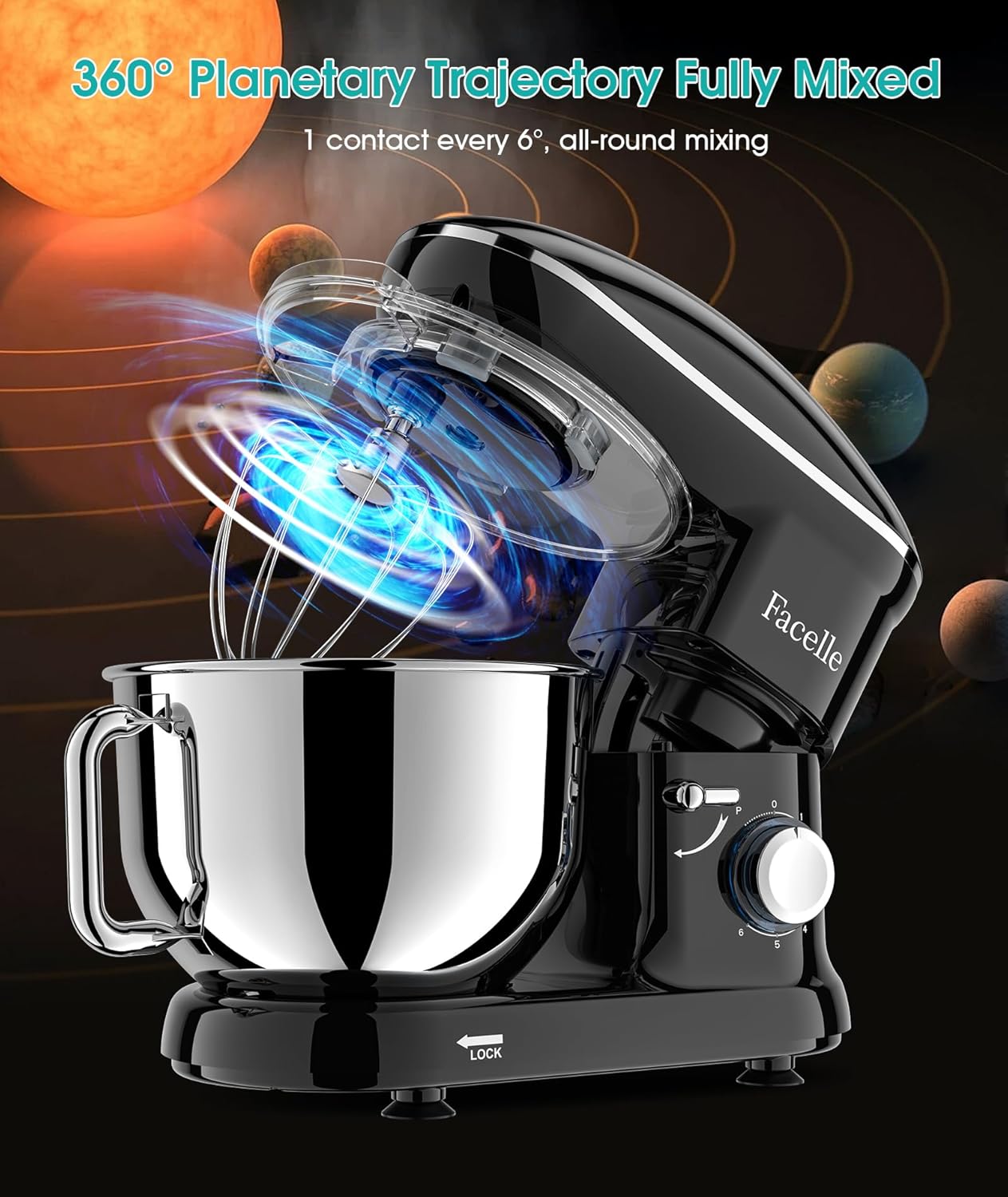 Facelle Stand Mixer, 660W 6 Speed Electric Kitchen Mixer with Pulse Button, Attachments include 6.5QT Bowl, Dishwasher Safe Beater,Dough Hook,Whisk & Splash Guard for Dough,Baking,Cakes,Cookie(Black)