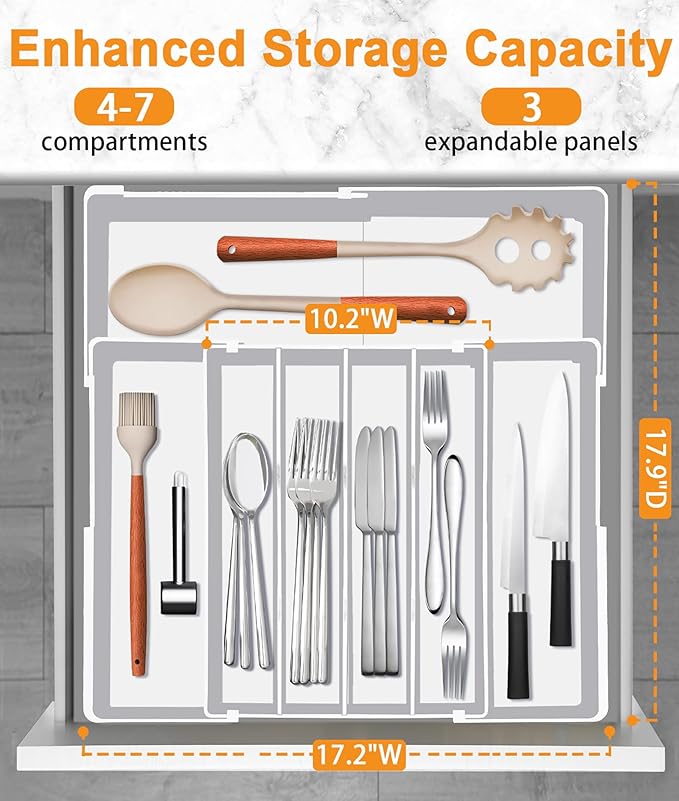 Homecor Silverware Drawer Organizer - Expandable Drawer Organizer for Kitchen, Utensil Holder BPA Free Flatware and Cutlery Tray for Spoons Forks Knives, Plastic Kitchen Organizer and Storage, White