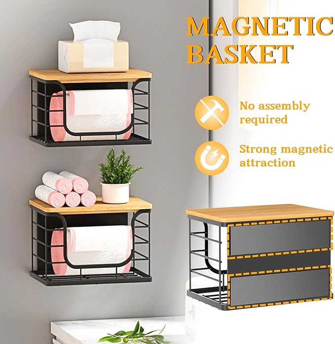Ofiray-home Magnetic Shelf for Fridge Trash Bag Storage, 1 Pack Stackable Garbage Bag Holder with Bamboo Lid, Magnetic Storage Bin for Refrigerator, Under Sink, Kitchen Pantry Organization – Black
