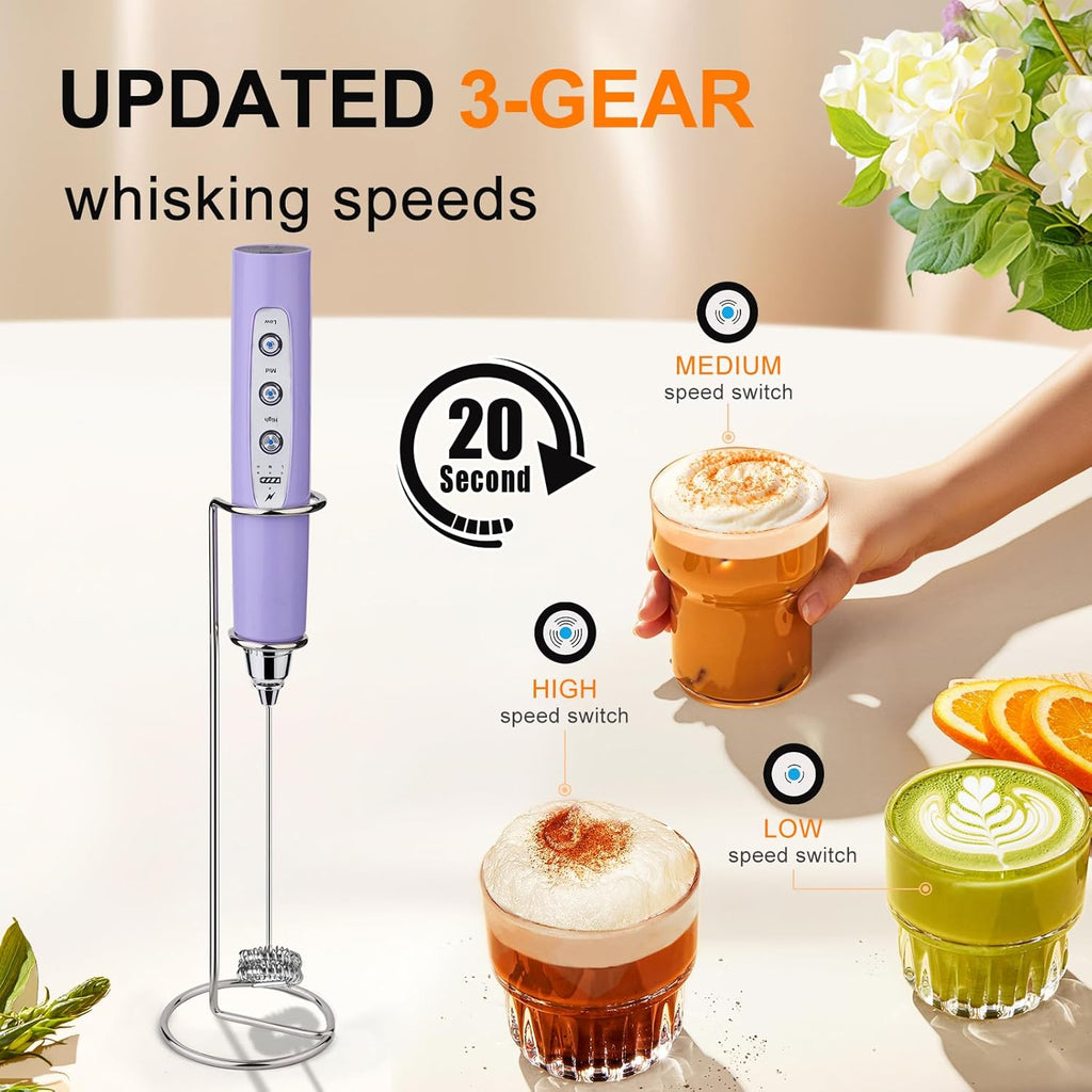 YUSWKO Light Purple Rechargeable Milk Frother for Coffee with Stand, Handheld Drink Mixer with 3 Heads 3 Speeds Electric Stirrers for Latte, Cappuccino, Hot Chocolate, Egg