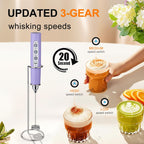 YUSWKO Light Purple Rechargeable Milk Frother for Coffee with Stand, Handheld Drink Mixer with 3 Heads 3 Speeds Electric Stirrers for Latte, Cappuccino, Hot Chocolate, Egg