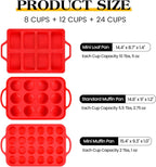 3 Pcs Silicone Baking Pan Set - Including 1 Pc Mini Loaf Pan, 1 Pc Standard Muffin Pan and 1 Pc Mini Muffin Pan - Silicone Cupcake Molds With Metal Reinforced Frame (Red)