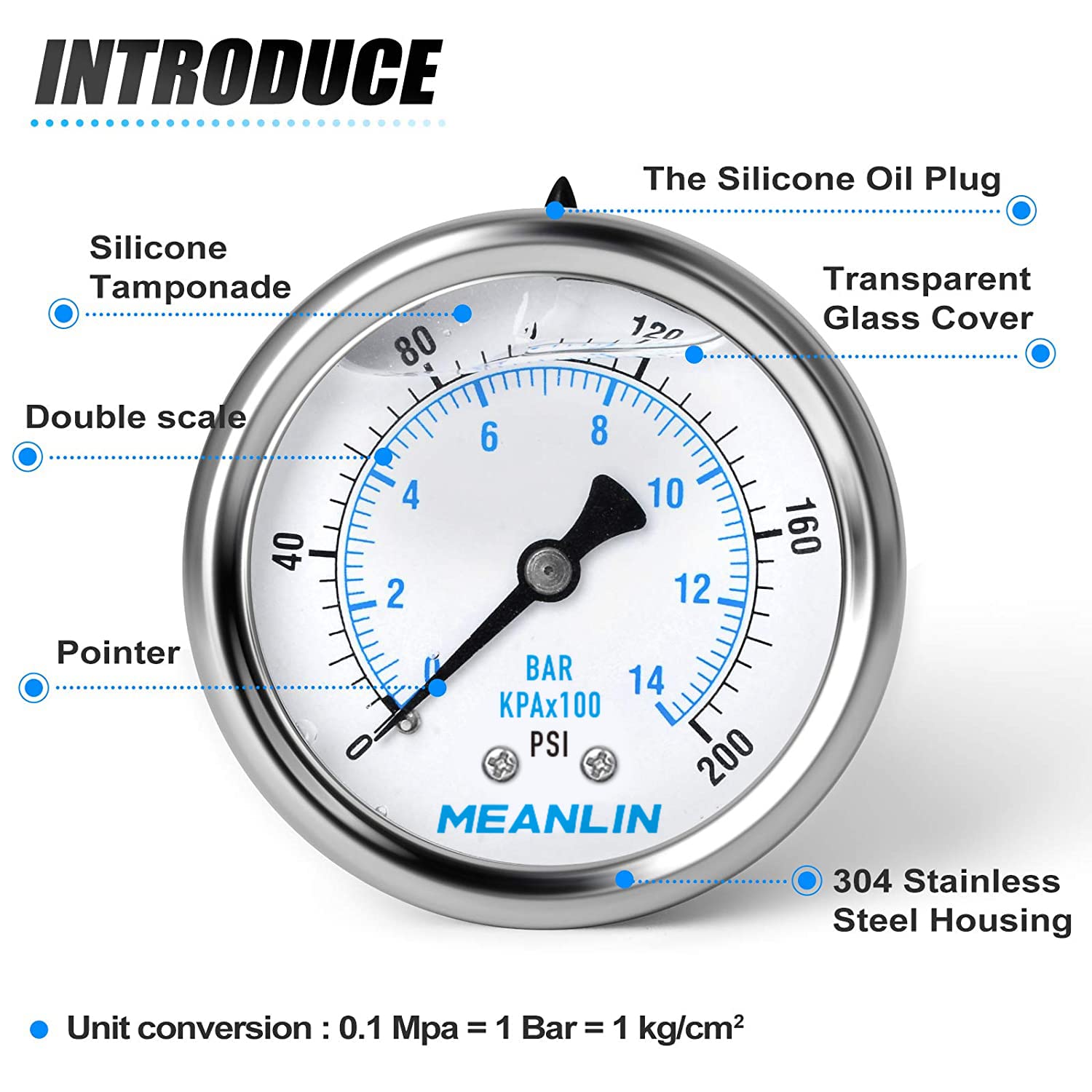 MEANLIN MEASURE 0~200Psi Stainless Steel 1/4" NPT 2.5" FACE DIAL Liquid Filled Pressure Gauge WOG Water Oil Air Back Mount (Pack of 2), with 1/2" NPT and 3/8" NPT Hex Bushing