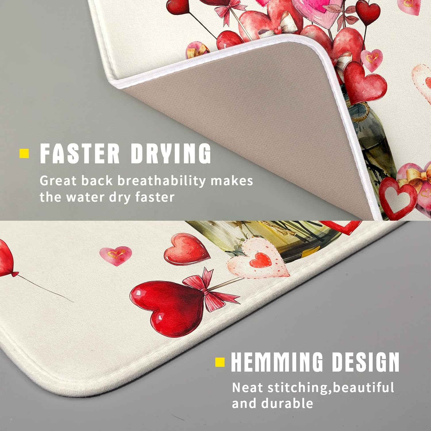 Valentine's Day Dish Drying Mat for Kitchen Counter,Red Love Canes Hearts Decorative Mason Jar Drying Mat 16 x 18 Inch with High Absorbent Microfiber Drainer Mat for Coffee Bar