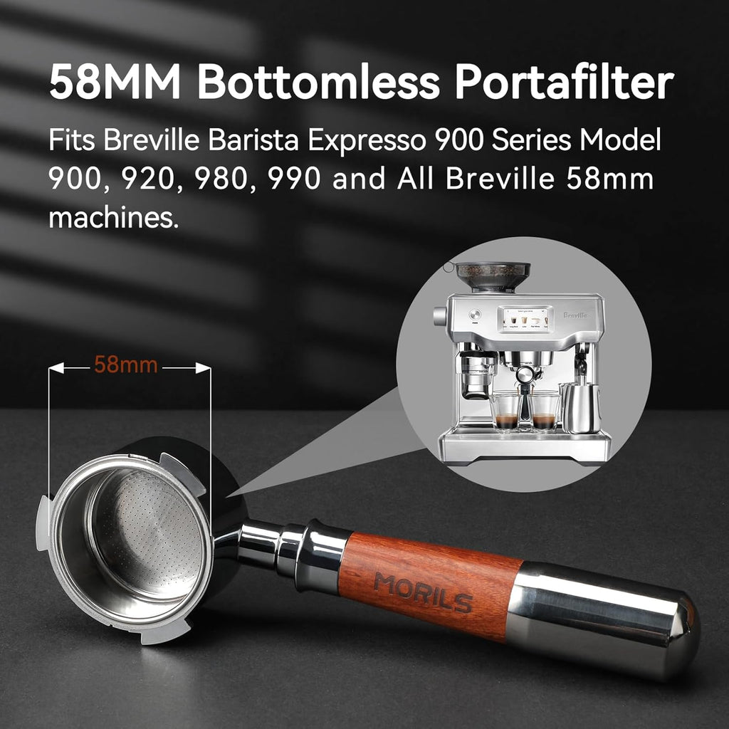 58mm Bottomless Portafilter with Double Shot Filter Basket & Premium Walnutwood Handle, Portafilter Compatible with All Breville 58mm Machines, Espresso Accessories(Puck Screen)
