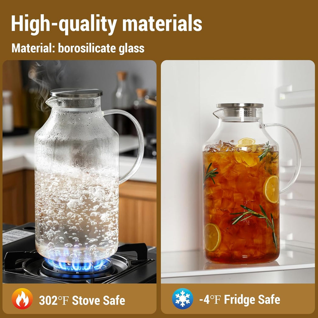 2 Pack 1 Gallon thickened Glass Pitcher with Lid and Spout, Borosilicate Glass Carafe for Hot/Cold Drink, Water Pitchers for Fridge, Extra Large Jug with Handle for Iced Tea, Coffee,Juice, Beverage
