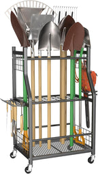 WALMANN Garden Tool Organizer with Wheels for Garage, Rakes/Shovels/Yard Tools Storage Stand for Garden, Shed, Indoor/Outdoor Long-Handled Tools Rolling Cart