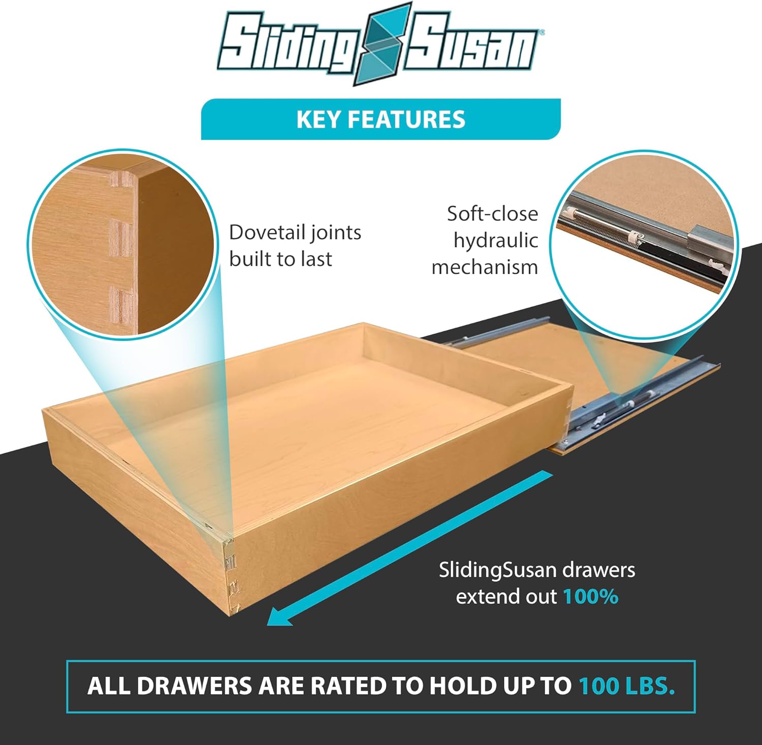 SlidingSusan Pull Out Drawer Organizer for Cabinets, Gliding Soft Close Shelves for Kitchen, Pantry, Bathroom, & Storage Organization, 9 Ply Baltic Birch, 18 Inch Wide x 21 Inch Deep