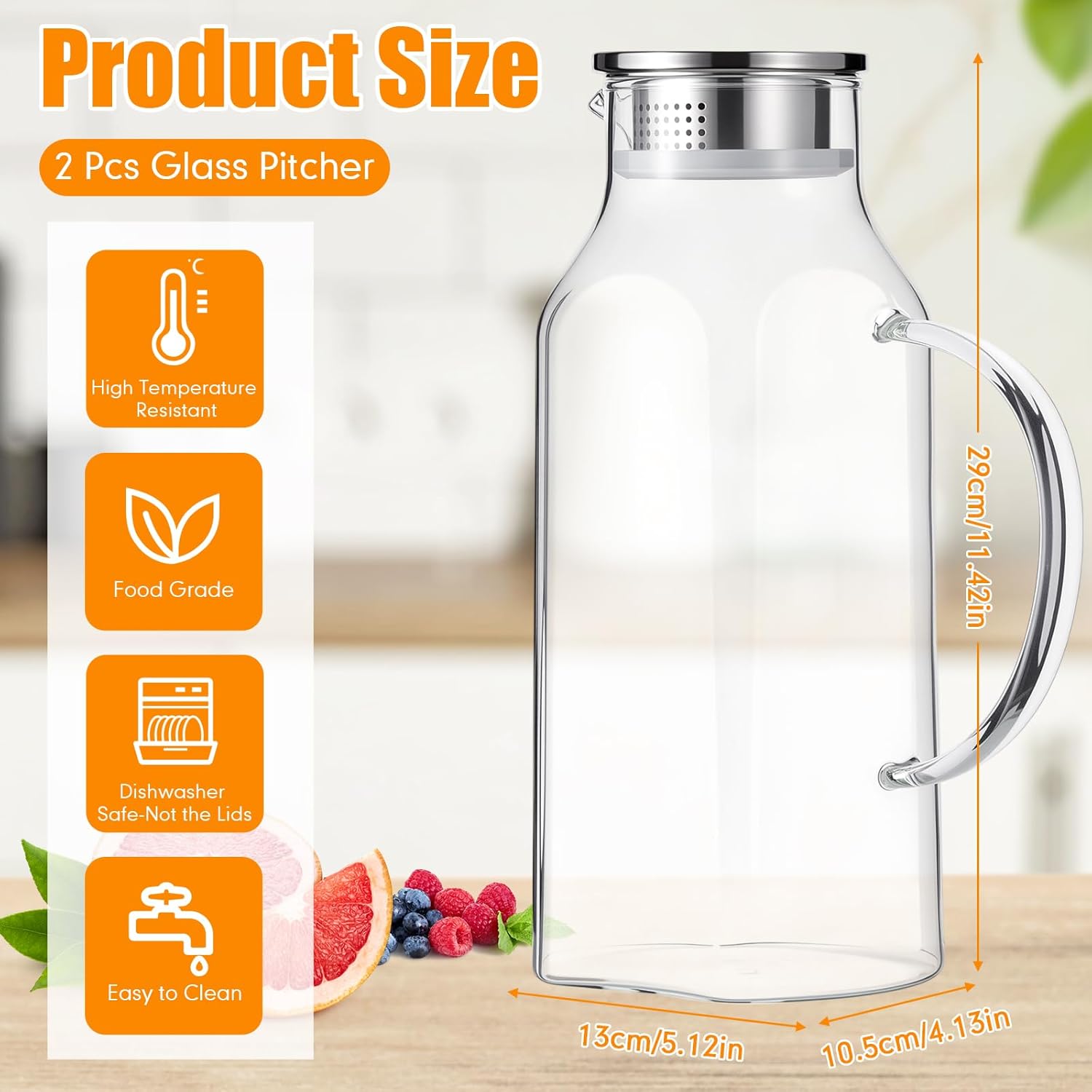 Honeydak 2 Pack 2.5 L/ 85 oz Glass Pitchers with Lids and Handles for Fridge Clear Iced Tea Pitchers with Spout Borosilicate Carafe Jars Large Jugs for Hot Cold Drink Tea Coffee Juice Beverage