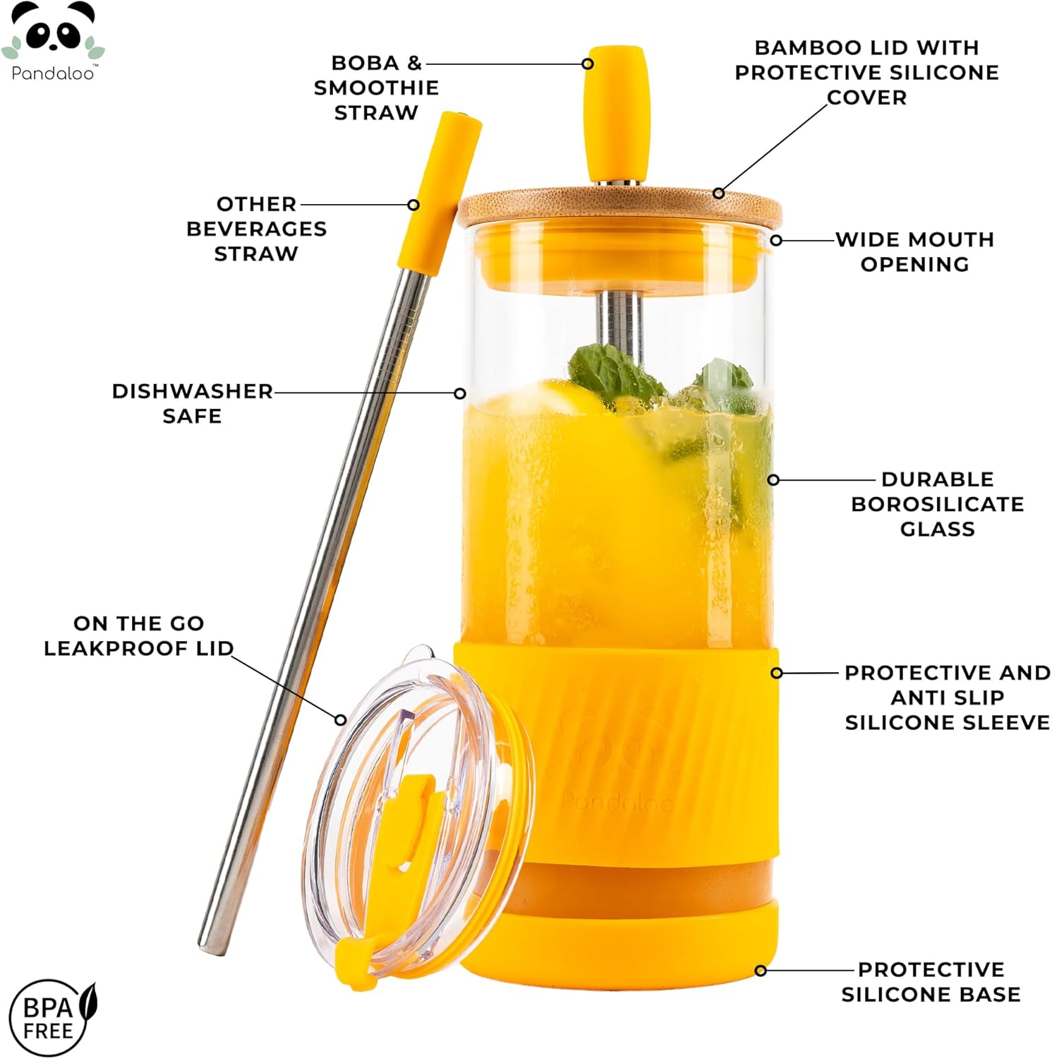 Pandaloo® Glass Cups With Lids and Straws -20 Fl Oz- Perfect Size Iced Coffee Cup - Smoothie Cup With Bamboo Lid and On the go Lid - Glass Tumbler With Straw (1 Count (Pack of 1), Maracuja Dream)