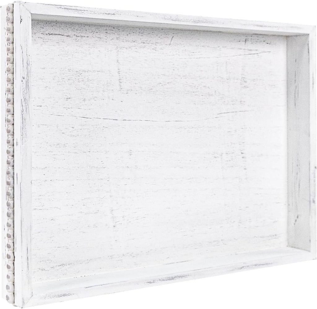 MAONAME Wood Serving Tray, Farmhouse Wooden Tray for Coffee Table, Rustic Rectangle Trays with Beads, Vintage White Decorative Trays for Living Room, Kitchen, 15.7" X 11.8" X 1.57"