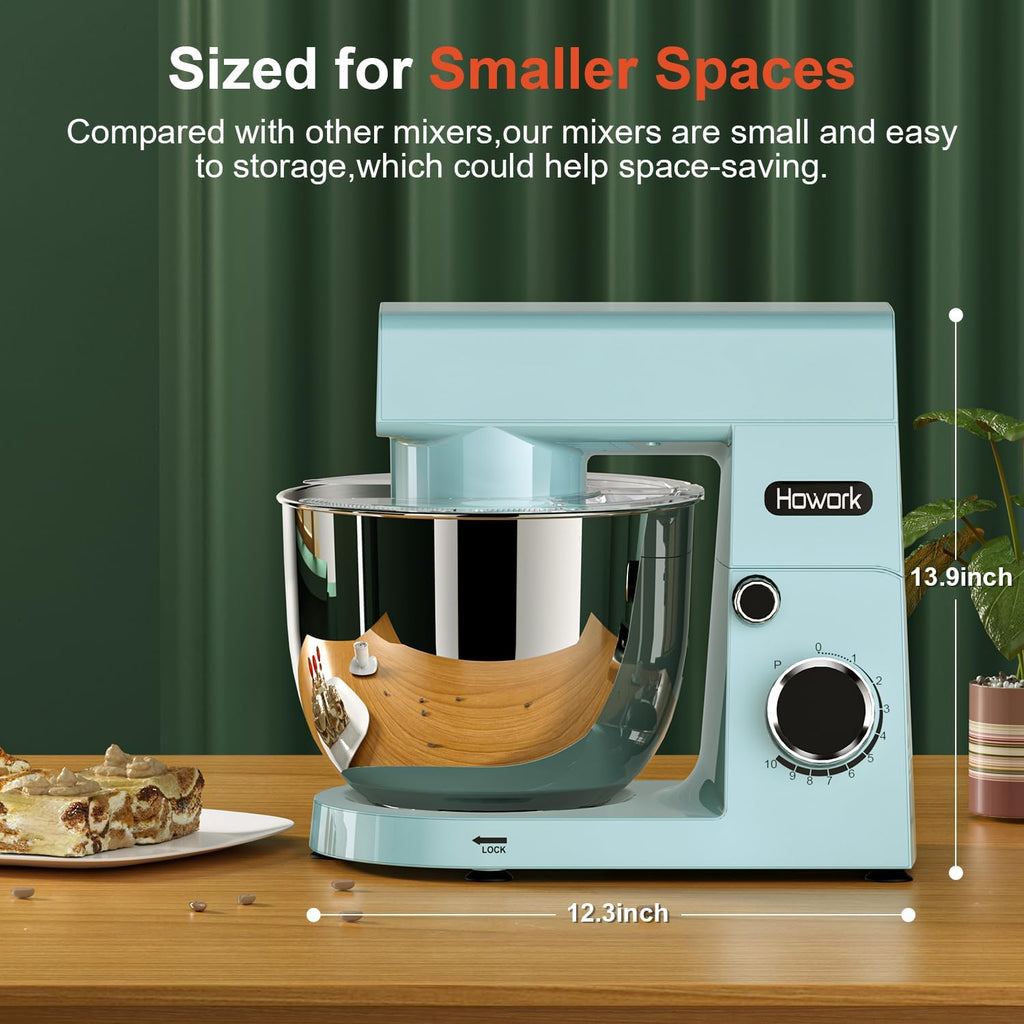 HOWORK Stand Mixer,10+p Speeds With 5.5QT Stainless Steel Bowl,Dough Hook, Wire Whip & Beater,for Most Home Cooks,Blue