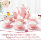 DUJUST 22 pcs Porcelain Tea Set for 6, Luxury British Style Tea/Coffee Cup Set with Golden Trim, Beautiful Tea Set for Women, Tea Party Set, Gift Package (With a Stand) - Pink