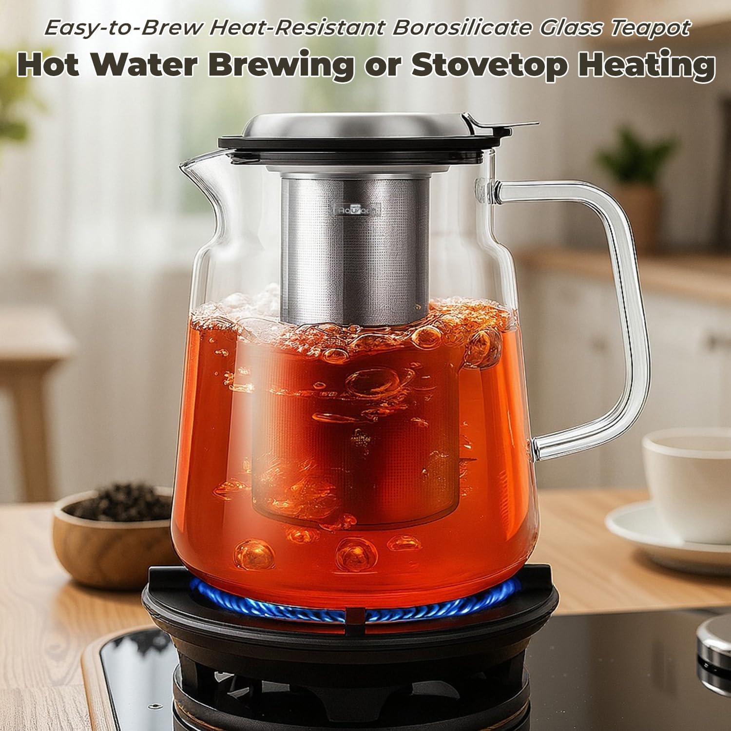 Aquach Glass Teapot with Removable Infuser - 57oz Borosilicate Tea Pot for Stovetop & Cold Brew, Stainless Steel Filter for Loose Leaf/Iced Tea
