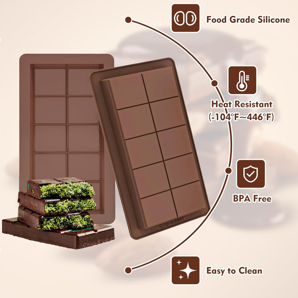Chocolate Bar Mold 2 Pack, Non-Stick Deep Dubai Chocolate Bar Molds, Silicone, Rectangular Prism, Chocolate Color
