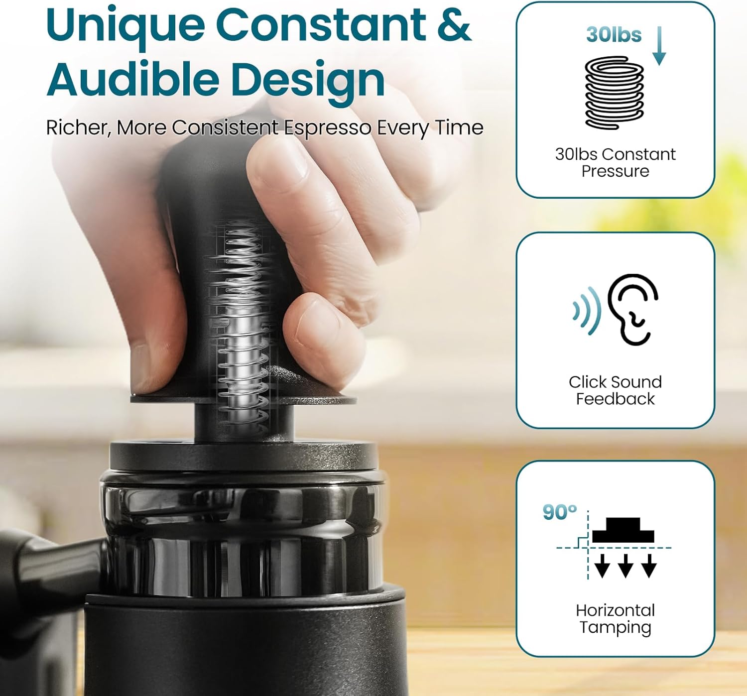 MHW-3BOMBER 58.5mm Espresso Coffee Tamper, 30lbs Constant Pressure Espresso Hand Tamper with Sound Feedback for Barista, Extra 15lbs Spring Loaded, Fit 58mm Portafilter, Astra Tamper, T7018-OS