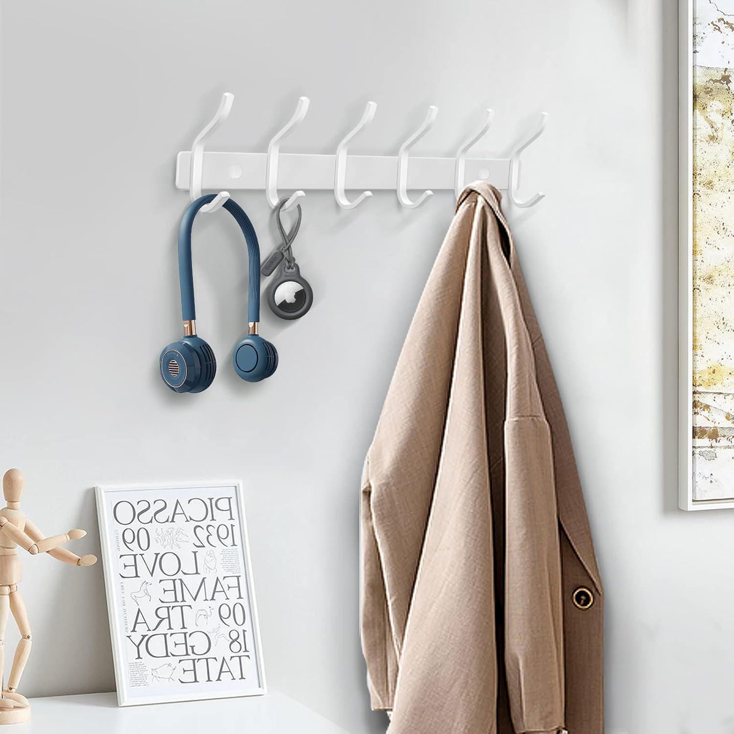 White Wall Hooks Heavy Duty, 12 Inch Coat Hooks Wall Mount with 4 Hooks, 2 Packs Wall Hooks Hangers for Entryway, Bathroom - for Hanging Backpack, Bag, Coat, Purse, Hat, Towel, Clothes