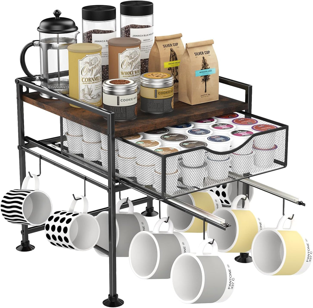 Coffee Bar Organizer Countertop, 2 Tier Mug Cup Holder Stand with 10 Hooks, 60 K Cup Coffee Pod Drawer with Mug Rack, Multifunctional Shelf Organizer for Kitchen, Vintage Brown