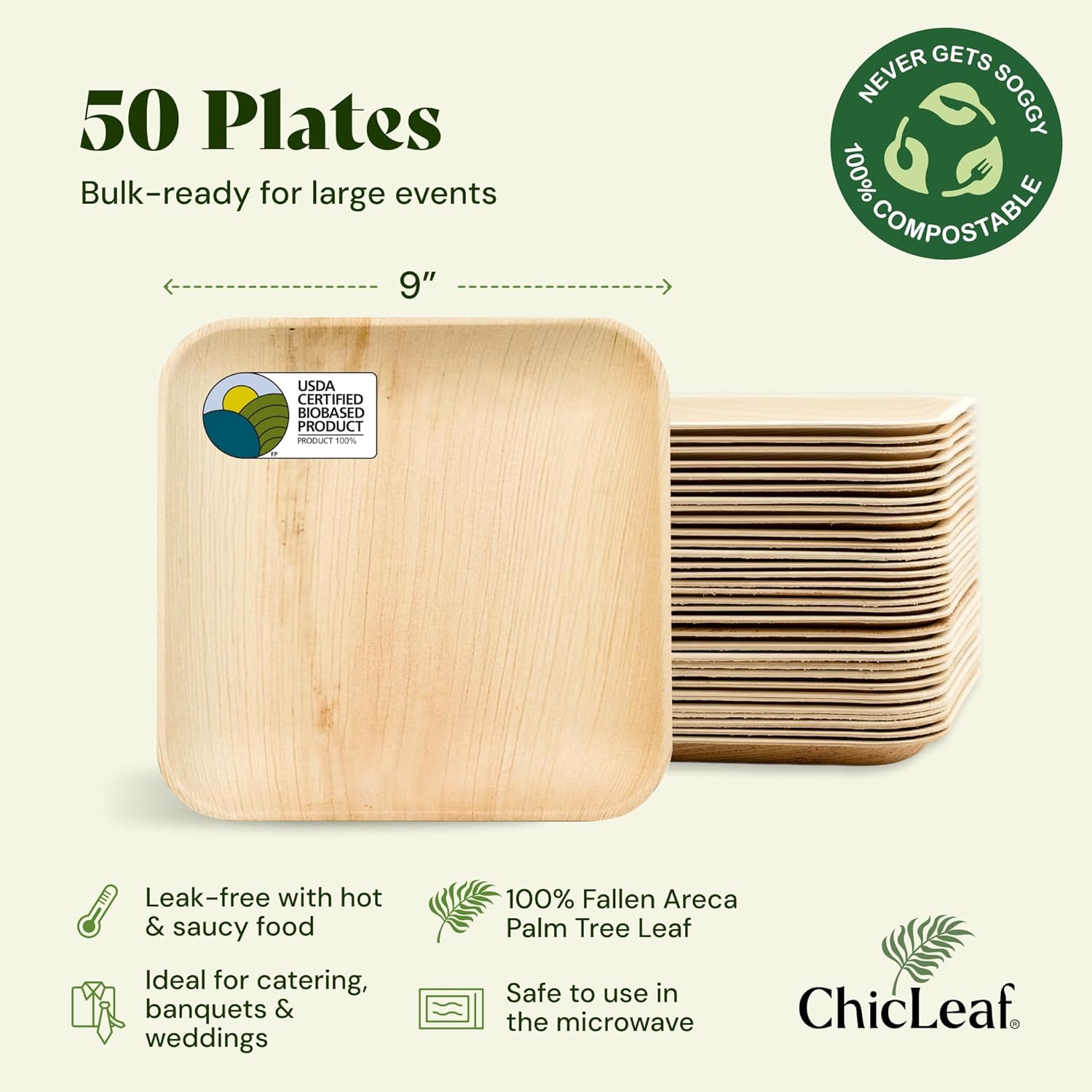 Chic Leaf Palm Leaf Bamboo Plates - 9-Inch Square, Pack of 50 - Eco-Friendly Compostable Platters - Microwave-Safe Disposable Plates - Durable Party Dishware