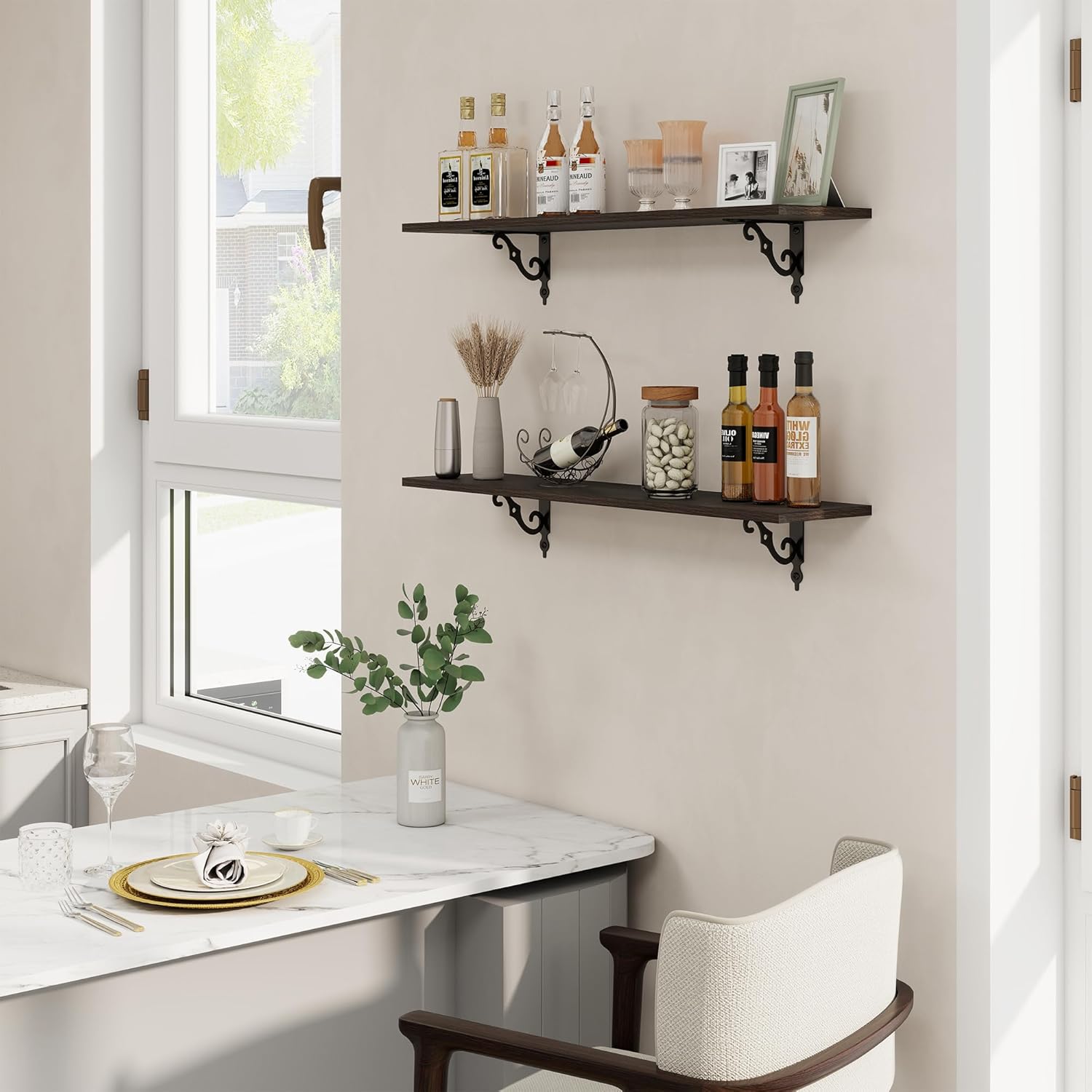 RICHFOCUS Floating Shelves for Wall Decor, 35.4W x 8D Wall Shelves Set of 2, 8 Inch Deep Rustic Wood Shelves Wall Mounted with Brackets, Long Floating Shelves for Living Room Bedroom Kitchen, Black