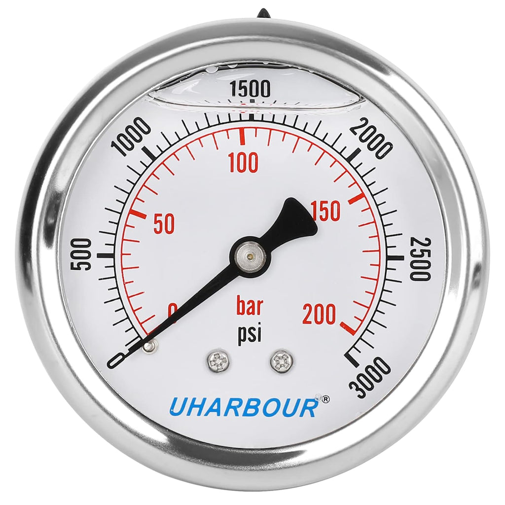 Glycerin Filled Pressure Gauge 3000psi/200bar, Stainless Steel case, Brass Inside Construction, 2-1/2" dial, 1/4" NPT Back Connection.…