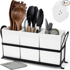 Large Kitchen Utensil Holder, Drainage Utensil Caddy for Countertop, 3pcs Bins Set Cooking Utensil Organizer for Spoons, Spatulas, White