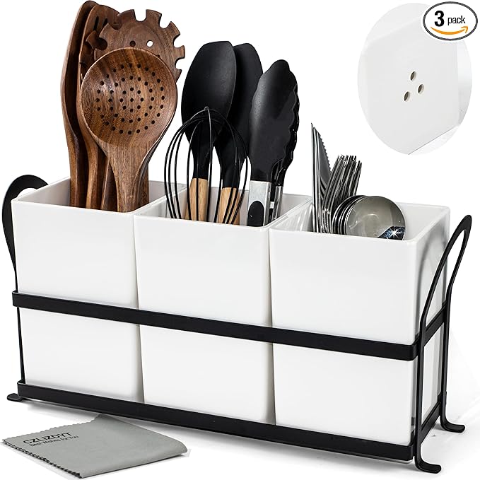 Large Kitchen Utensil Holder, Drainage Utensil Caddy for Countertop, 3pcs Bins Set Cooking Utensil Organizer for Spoons, Spatulas, White