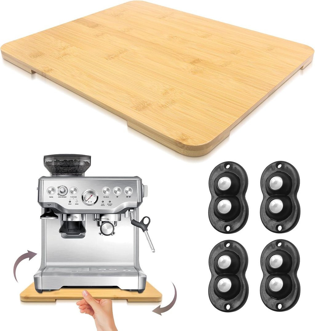 360° Rolling Tray Bamboo Appliance Slider for Kitchen Appliances, for Breville Espresso Machine Accessories, Sliding Tray for Coffee Maker Appliances Mat Easily from Under The Cabinet Natural13"×15.7"