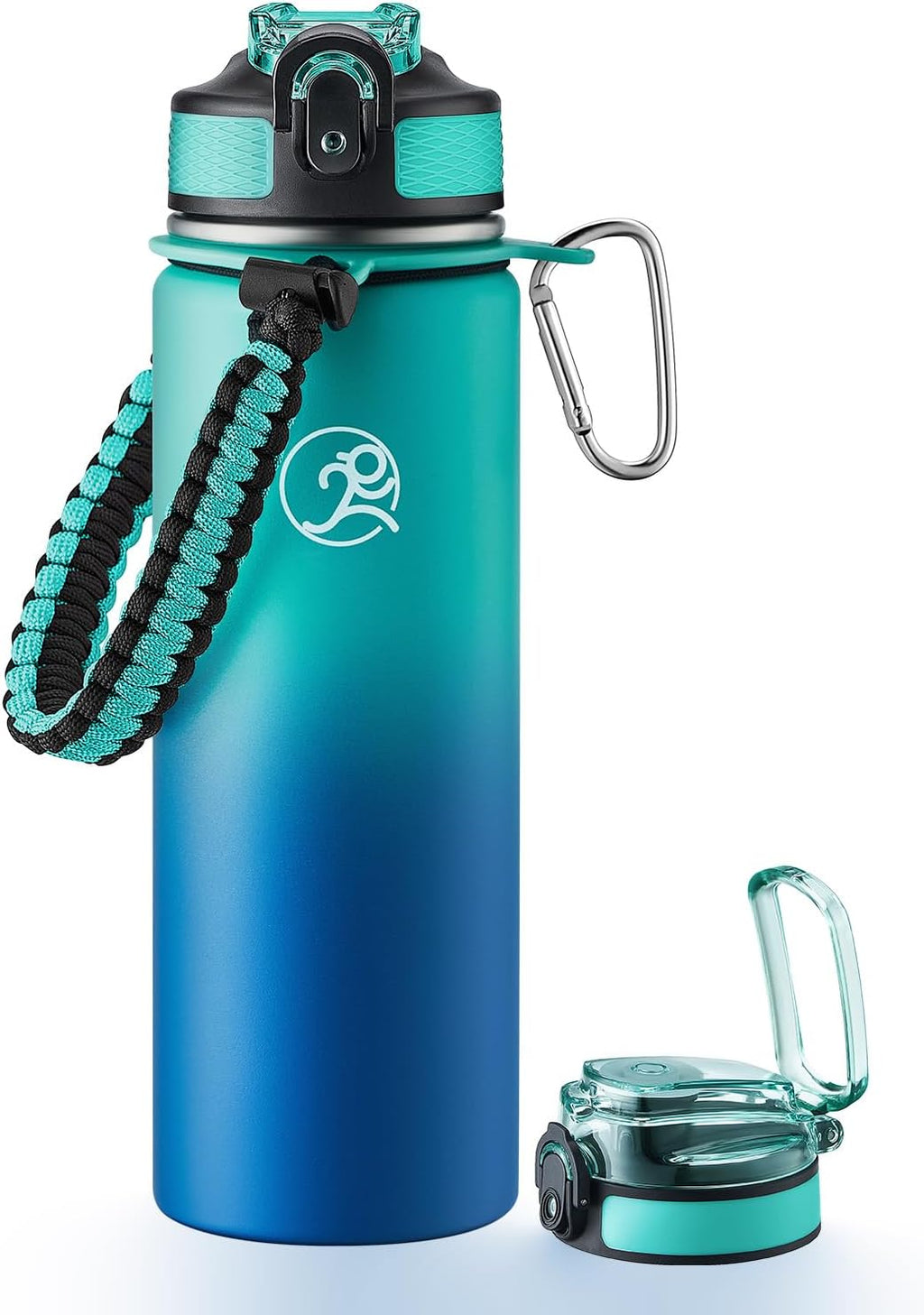 GOSWAG Insulated Sports Water Bottle, 24oz 2 Lids(with Straw/No Straw), Stainless Steel Water Bottles with Paracord Handle, Insulated Bottle with Double-Wall Vacuum Insulation