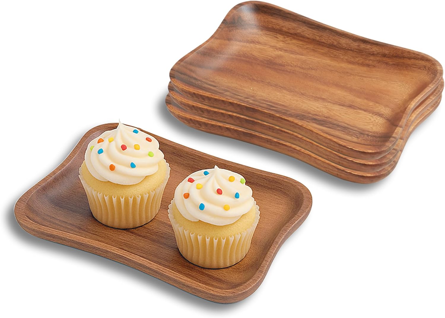 Woodard & Charles Set of 4 Acacia Wood Pinched Tray for Charcuterie, Sushi, Dessert, Fruit and More, 7.5" x 5.25"