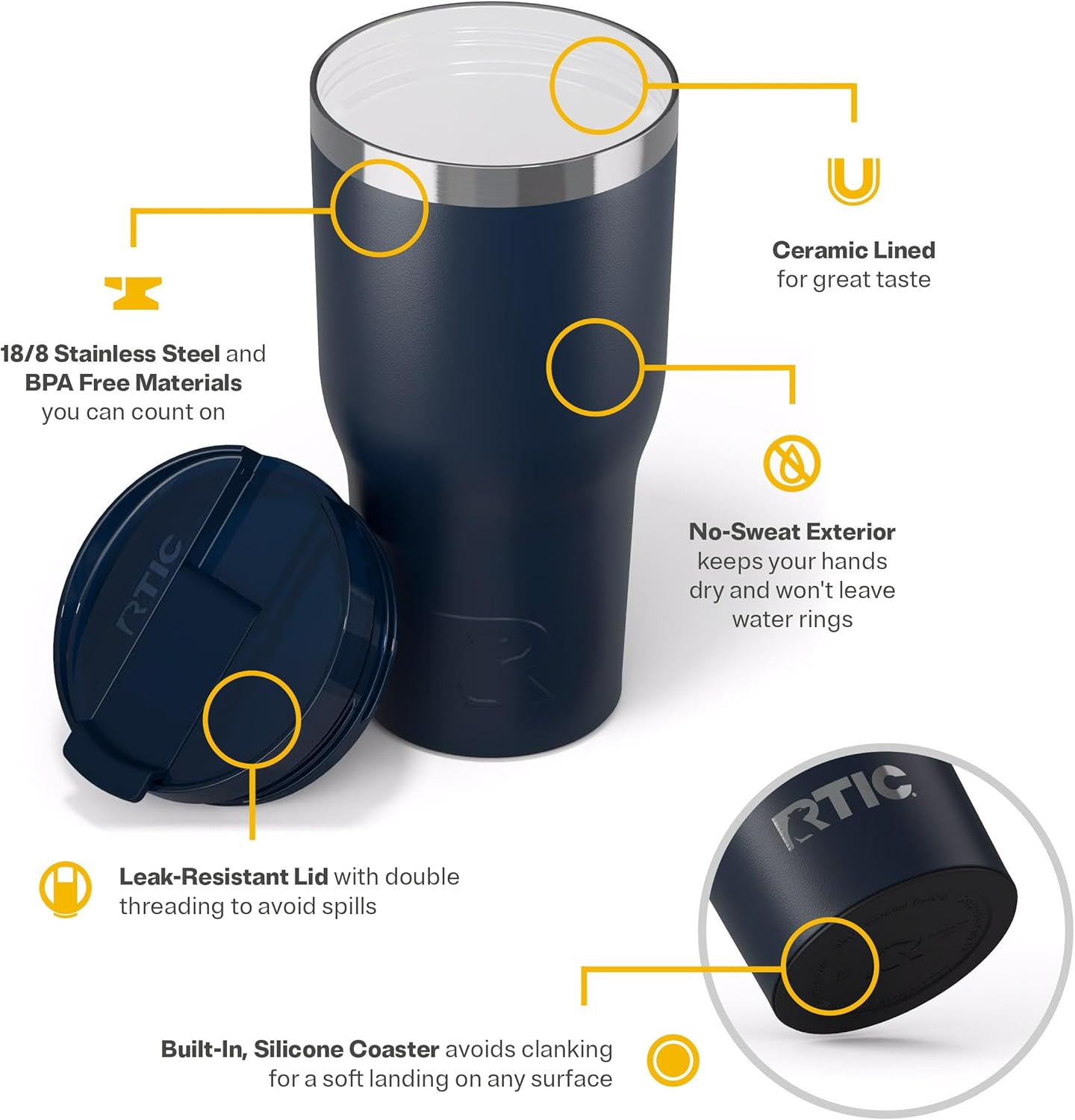 RTIC 30oz Essential Tumbler with Lid, Insulated, Stainless Steel, Metal, Double Wall Vacuum-Insulation, Ceramic Lined, Travel Cup for Iced Coffee, Tea, Hot and Cold Drink, Navy