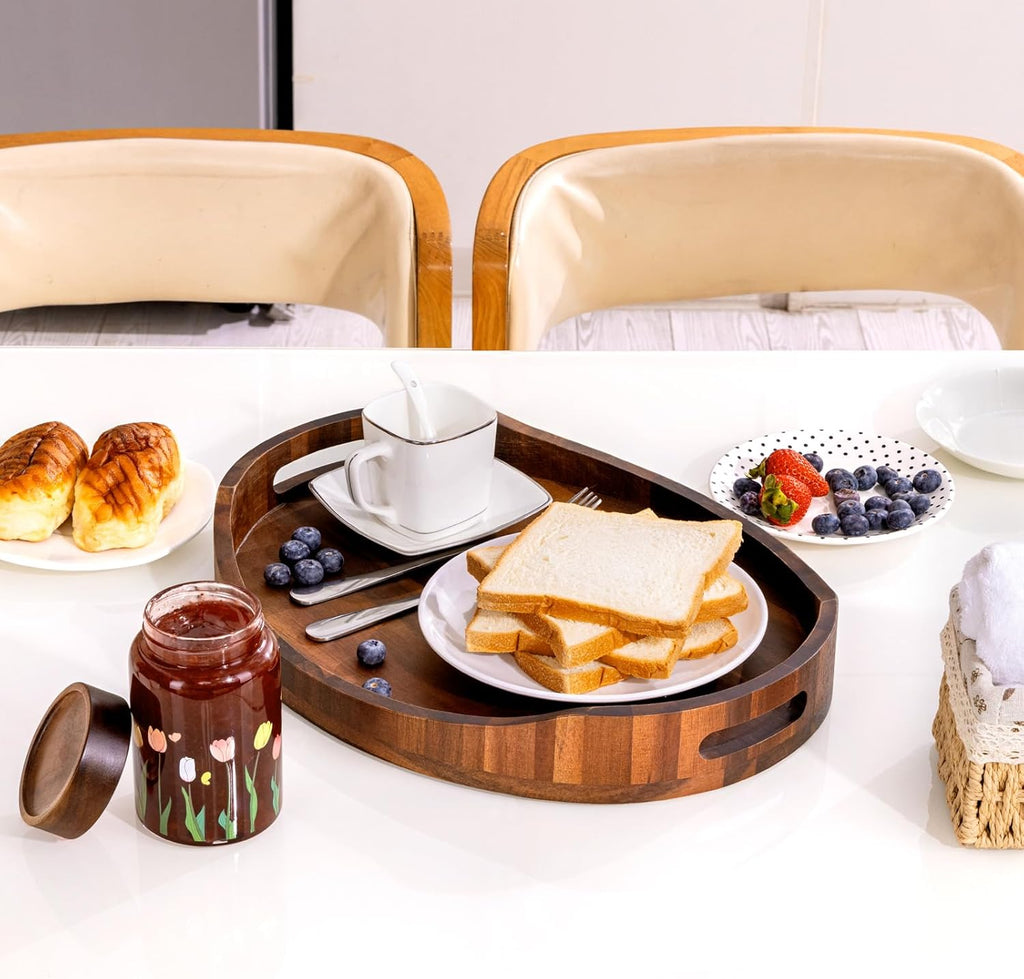 HouseJoy Acacia Wood Serving Tray with Handles, Decorative Ottoman Tray Platter for Breakfast in Bed, Living Room, Coffee Table, Lunch, Dinner, Bathroom, Candle Display,16.5"x13"