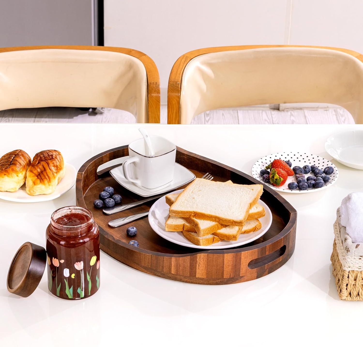 HouseJoy Acacia Wood Serving Tray with Handles, Decorative Ottoman Tray Platter for Breakfast in Bed, Living Room, Coffee Table, Lunch, Dinner, Bathroom, Candle Display,16.5"x13"