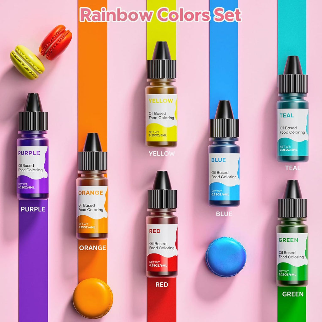 Oil Based Food Coloring for Chocolate Rainbow Oil Edible Food Dye Set for Baking Royal Icing Cookie Supplies Gluten Free 7x6ml Food Grade Food Color Kit, 0.25 Fl. Oz/Bottles