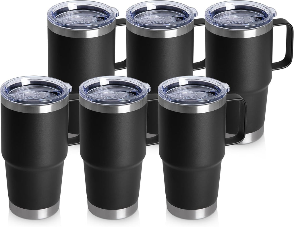 HASLE OUTFITTERS 20oz Tumbler Bulk with Lid, Stainless Steel Tumbler Bulk with Handle, Metal Insulated Travel Coffee Mug Set with Handle, Double Wall Vacuum Leak Proof Tumbler Cup, Black 6 Pack