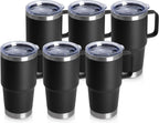 HASLE OUTFITTERS 20oz Tumbler Bulk with Lid, Stainless Steel Tumbler Bulk with Handle, Metal Insulated Travel Coffee Mug Set with Handle, Double Wall Vacuum Leak Proof Tumbler Cup, Black 6 Pack