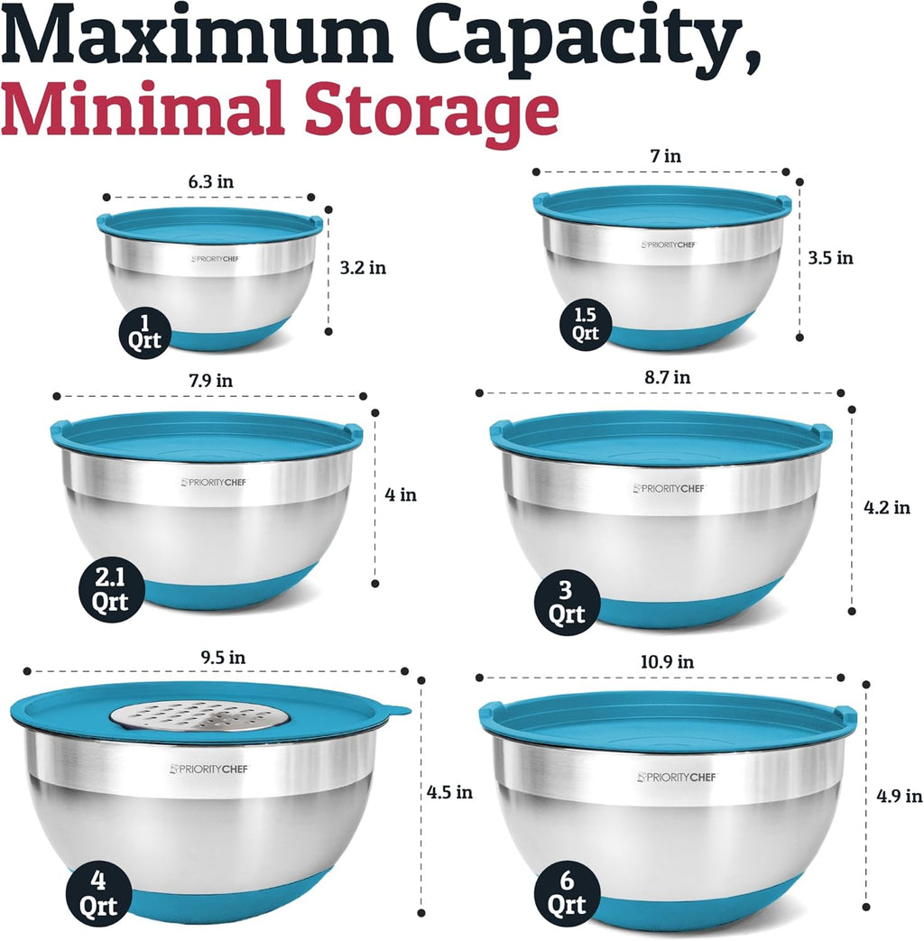 Priority Chef 6Pc Large Mixing Bowls With Lids Set with Non-Slip Bases, Stainless Steel Mixing Bowl Set, 6 Airtight Lids and 3 Graters, Turquoise