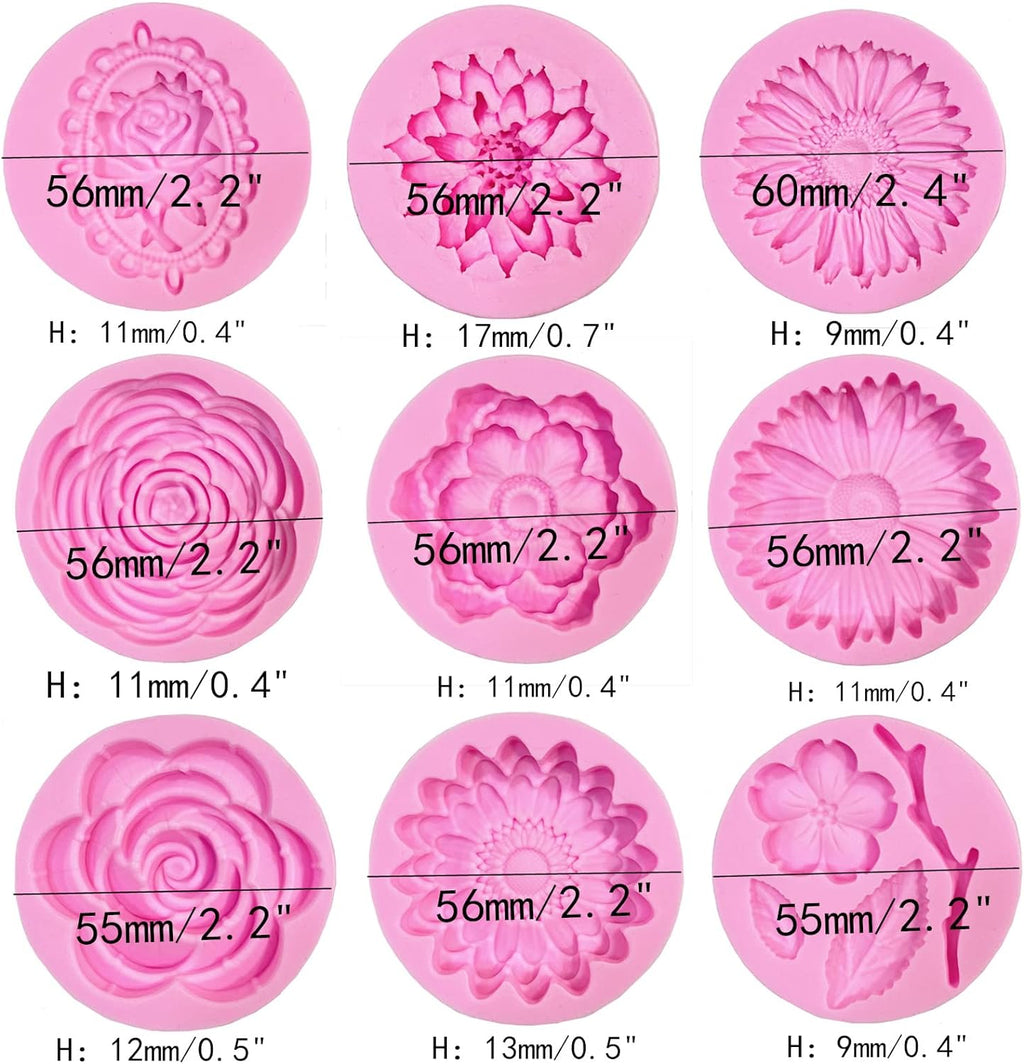 9 Pcs Flowers Fondant Molds Silicone Molds for Cupcake Dessert Chocolate Jelly Cookie Decor, Jewelry, Pastry, Chocolate,Handmade Soap Mould Candy Making
