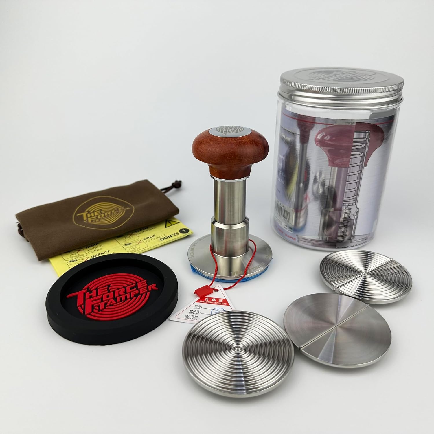 The Force Tamper Automatic Impact Adjustable Constant Pressure and Autoleveling Coffee Tamper Reddish Brown Jellyfish Wooden Handle Set Pro (Duo-Distribute Set, 54.00mm)