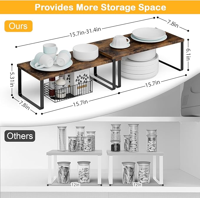 Cabinet Shelf Organizers, 15.7 inches Large Kitchen Counter Shelf, Set of 2 Wood Kitchen Pantry Organizer, Storage Shelves for Countertop, Spice Rack, Stackable, Expandable, Metal Black, Brown