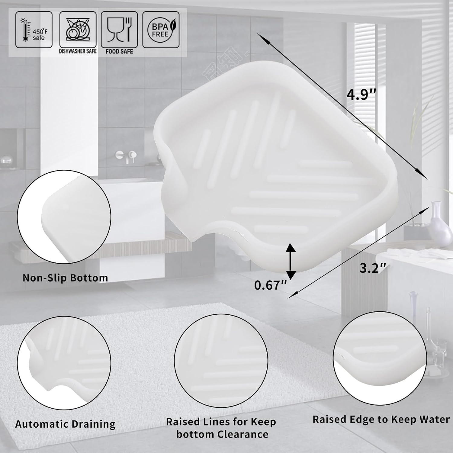 Silicone Bathroom Soap Dishes with Drain Spout-Bathroom and Kitchen Sink Organizer,Sponge Holder,Dish Soap Tray,Perfect for Dispenser,Scrubber,Bottle,Cup on Counter Translucent 4.9"×3.2"