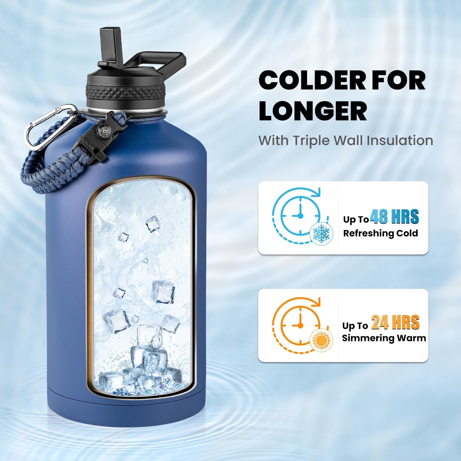 One Gallon Water Bottle Insulated, Triple Walled Vacuum Stainless Steel (Cold for 48 Hrs), Leak Proof & Non-BPA, Large Water Flask Jug with Paracord Handle & Straw Spout Lids