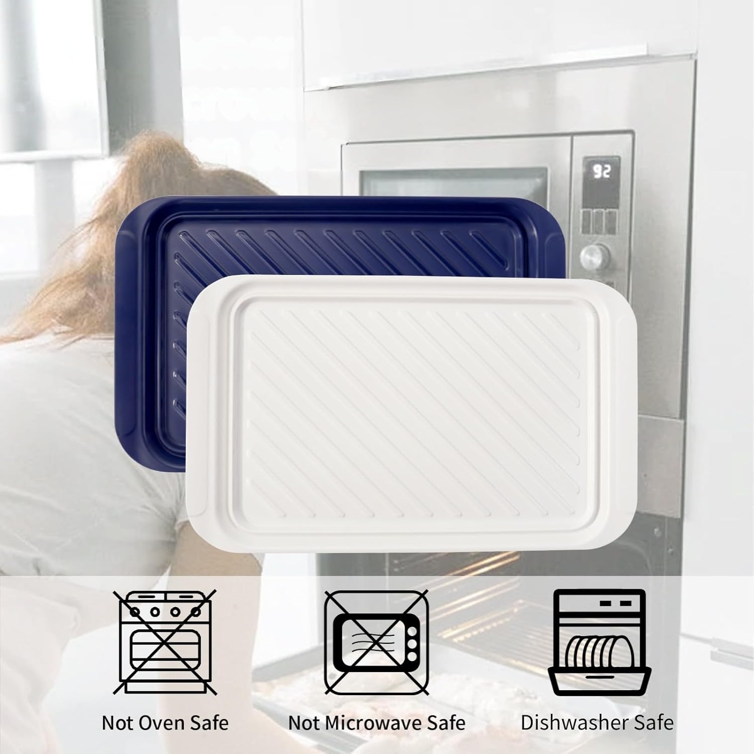 TP Grilling Prep and Serve Trays, 17" BBQ Tray for Meat Marinating and Food Plating, Melamine Serving Platters Set of 2 Grilling Accessories, Blue and White